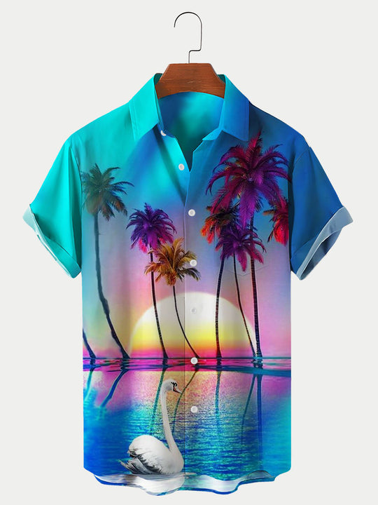 Men's Casual Holiday Aurora Coconut Print Short Sleeve Hawaiian Shirt Blue / M
