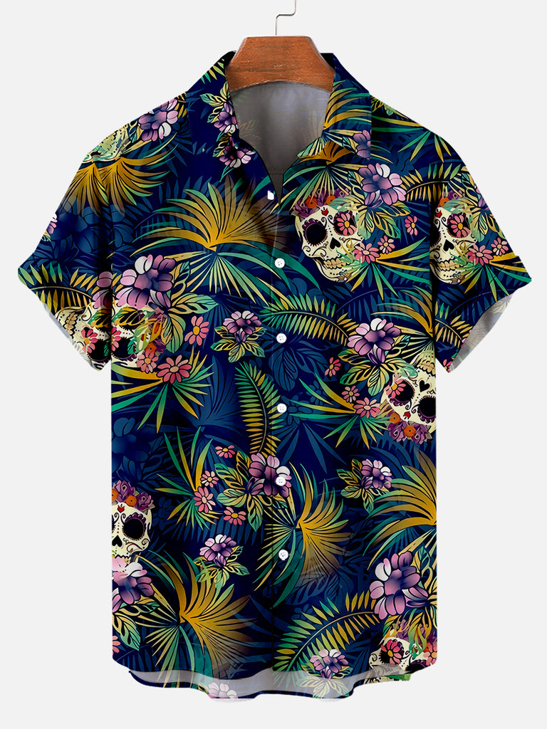 Skull Floral Men's Short Sleeve Shirt Blue / M
