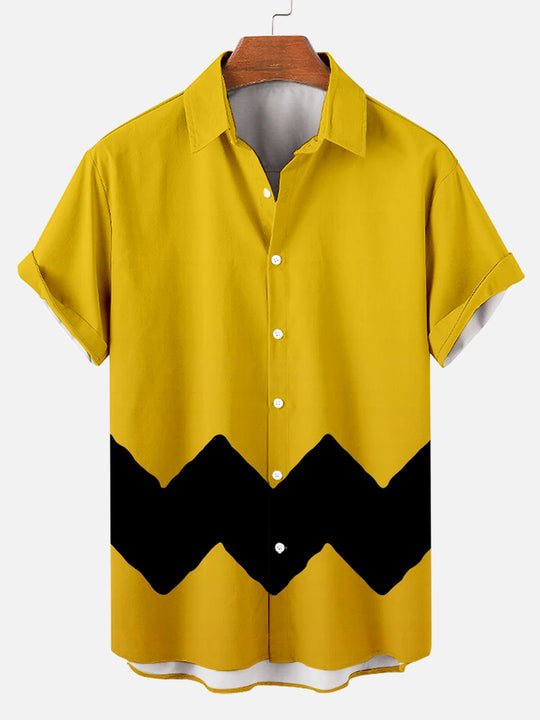 Cartoon Pattern Printing Men's Short-sleeved Lapel Shirt Yellow / M