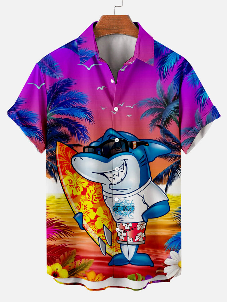 Shark Surfboard Stitching Hawaiian Coconut Men's Short Sleeve Shirt Purple / M