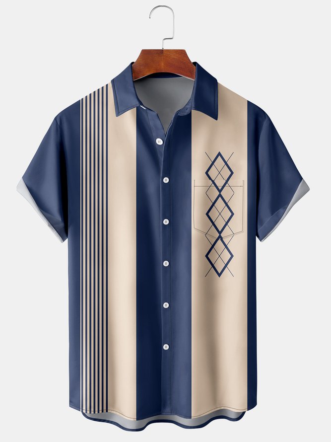 Casual Art Collection Geometric Stripes Color Block Pattern Lapel Short Sleeve Shirt Print Top Blue / M