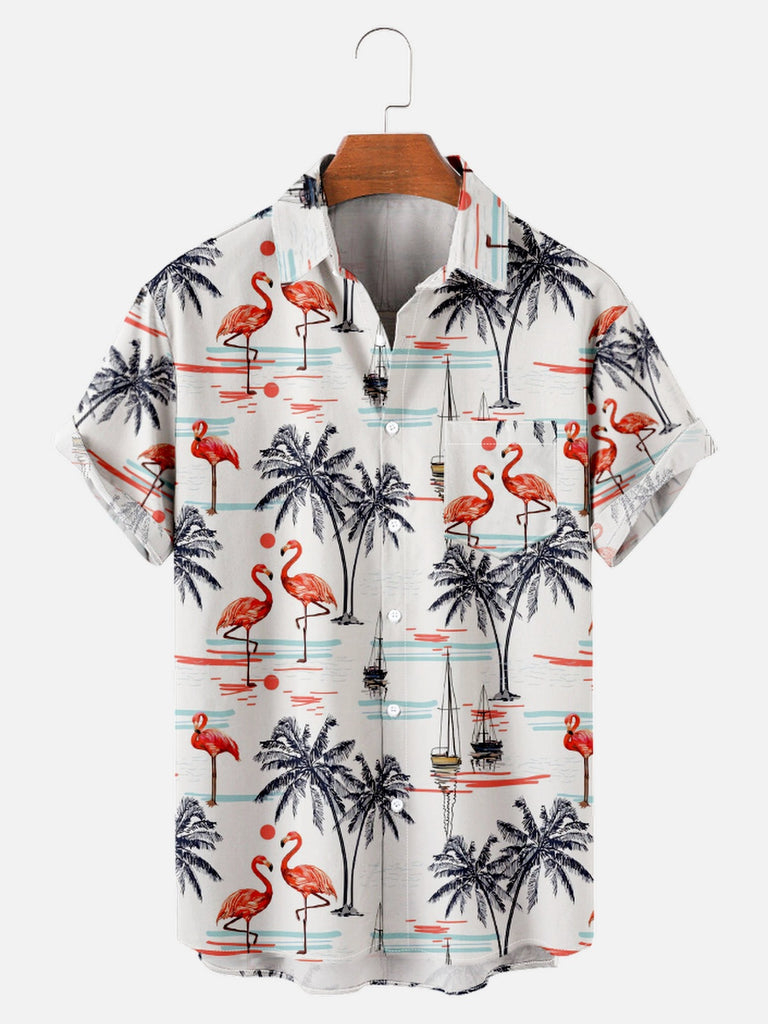 Men's Beach Flamingo Vacay Style Casual Short Sleeve Shirt White / M