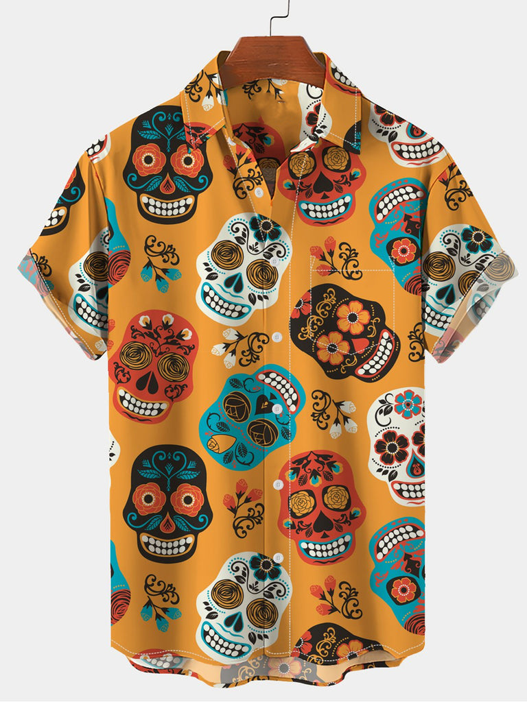 Floral Skull Men's Casual Short-Sleeve Shirt Orange / M