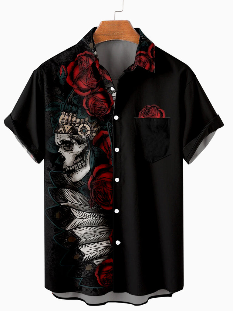 Halloween Rose Skull Men's Casual Short-Sleeve Shirt Black / M