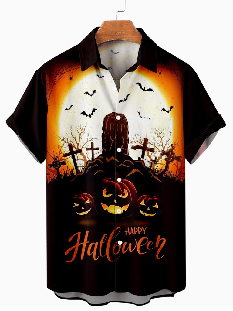 Halloween Cemetery Casual Men's Short Sleeve Shirt Black / M