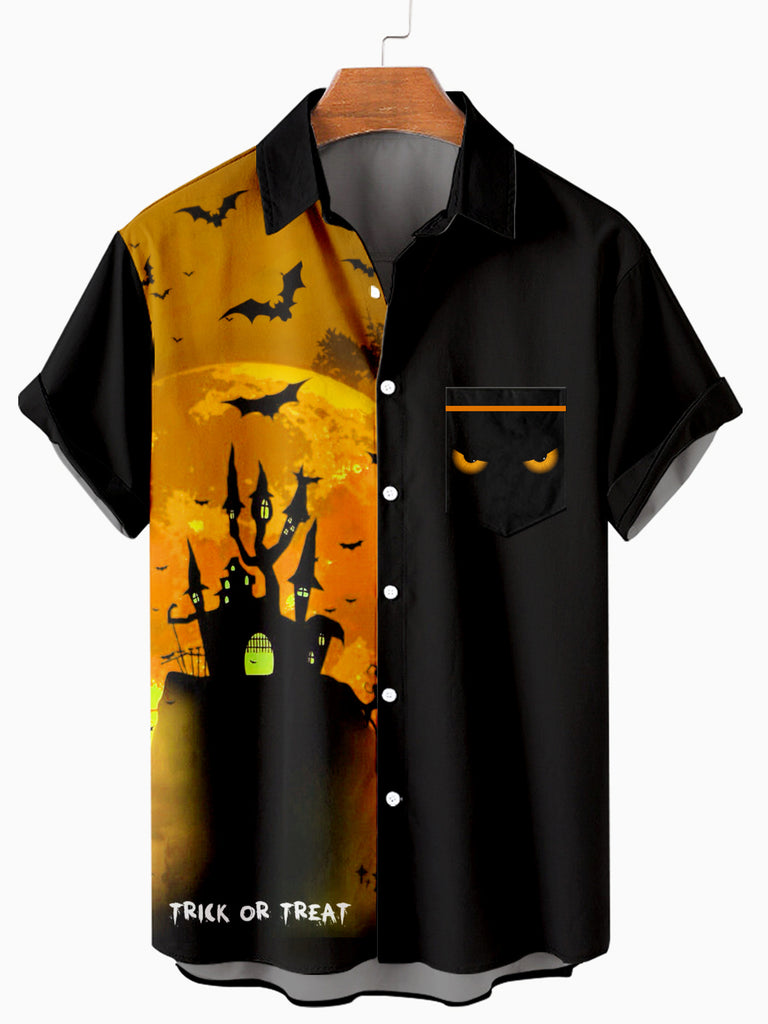 Men's Casual Halloween Castle Short Sleeve Shirt Orange / M