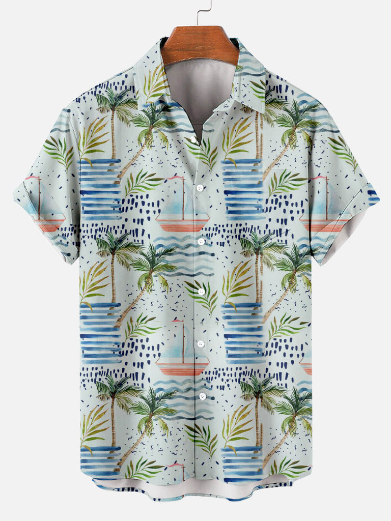 Hawaiian Coconut Sailing Floral Men's Short Sleeve Lapel Shirt Blue / M