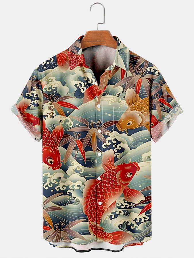 Men's Vintage Koi Ocean Creatures Print Short Sleeve Shirt Red / M
