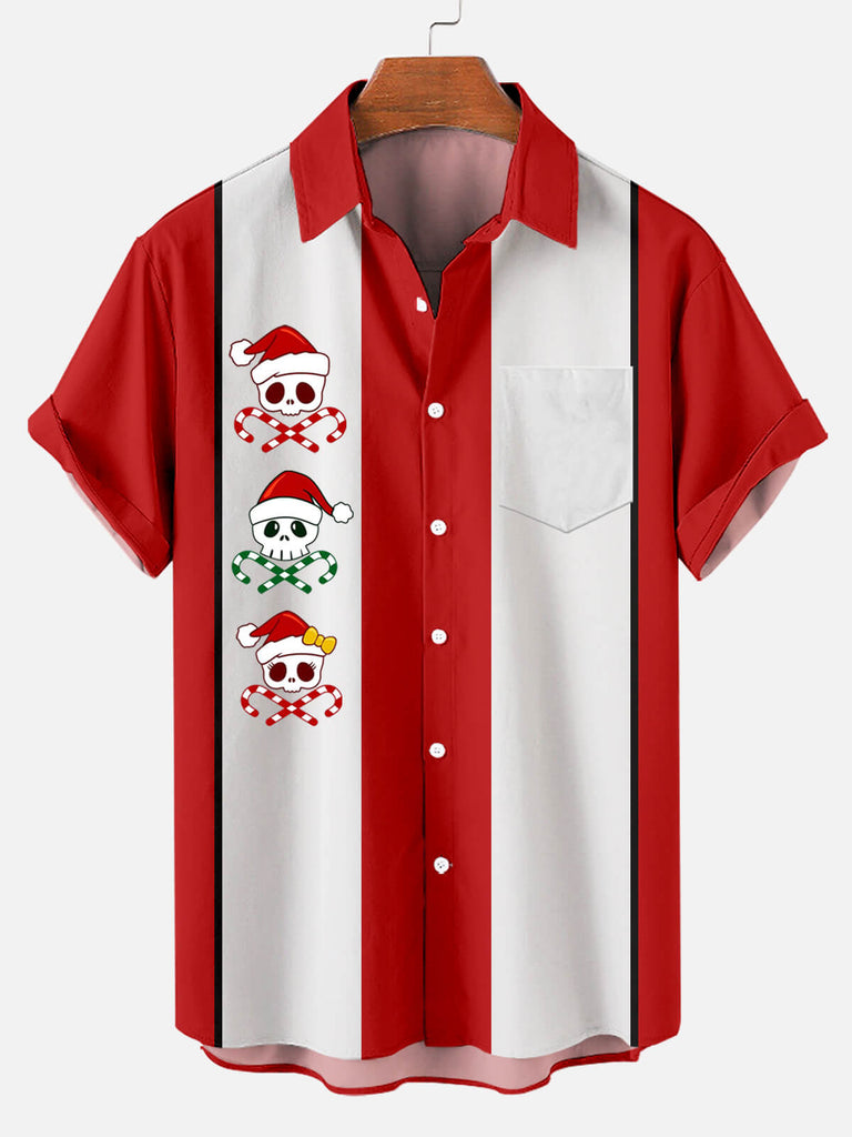 Christmas Skull Men's Short Sleeve Casual Shirt Red / M