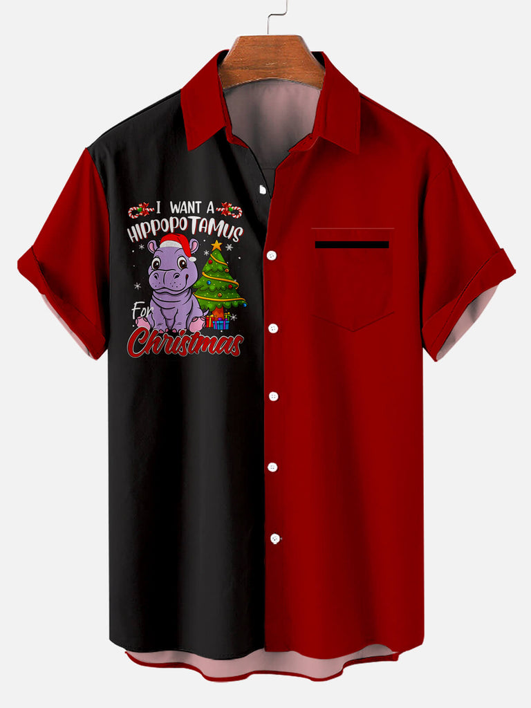 Men's Christmas Hippopotamus Short Sleeve Shirt Red / M
