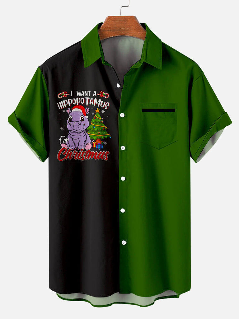 Men's Christmas Hippopotamus Short Sleeve Shirt Green / M