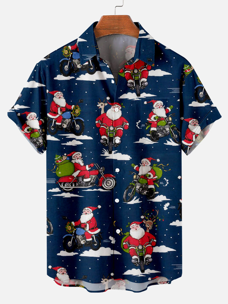 Christmas Santa On Road Men's Short Sleeve Shirt Blue / M
