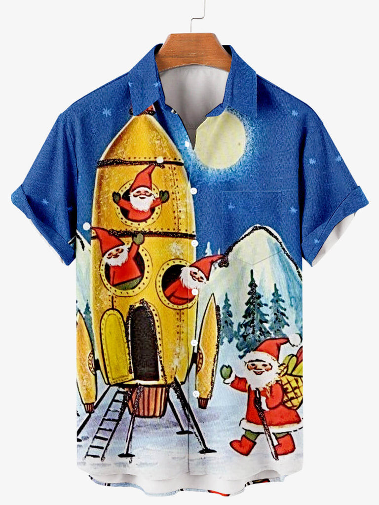 Christmas Santa Spaceship Men's Short Sleeve Shirt Blue / M