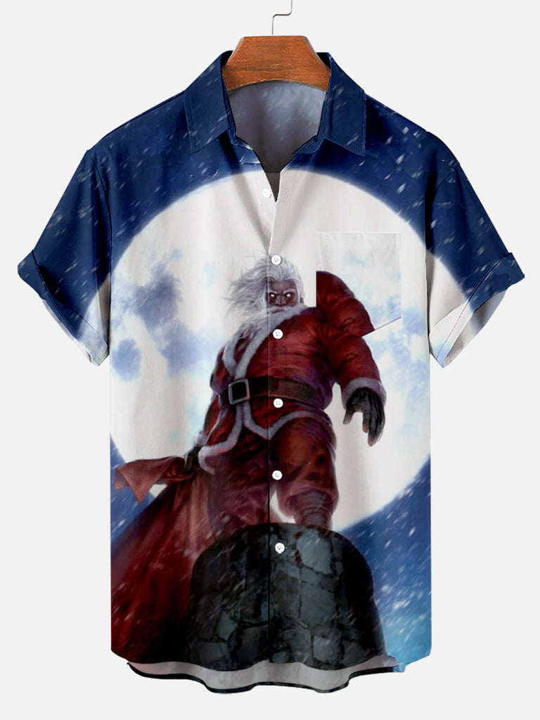 Christmas Crazy Santa Men's Short Sleeve Casual Shirt Blue / M