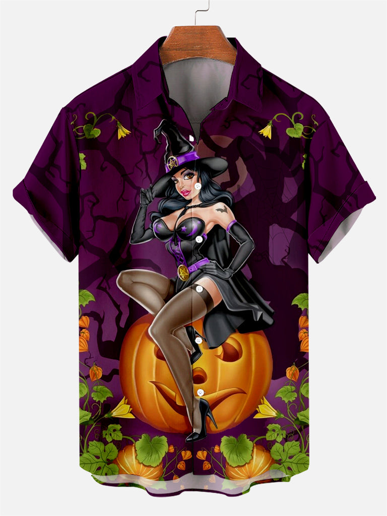 Halloween Sexy Witch Men's Casual Short-Sleeved Shirt Purple / M