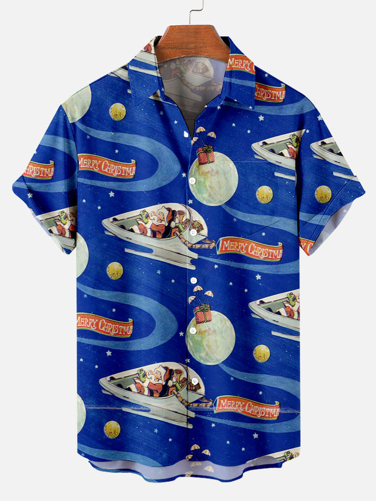 Christmas Spaceship Men's Short Sleeve Shirt Blue / M
