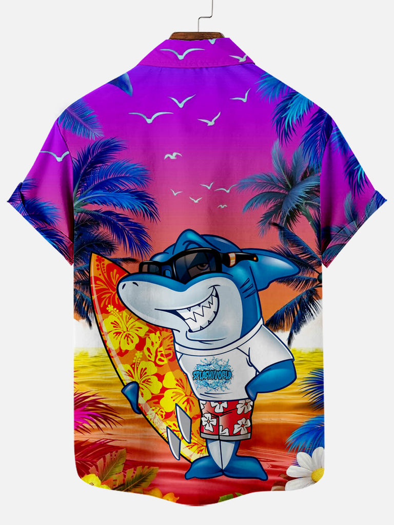Shark Surfboard Stitching Hawaiian Coconut Men's Short Sleeve Shirt