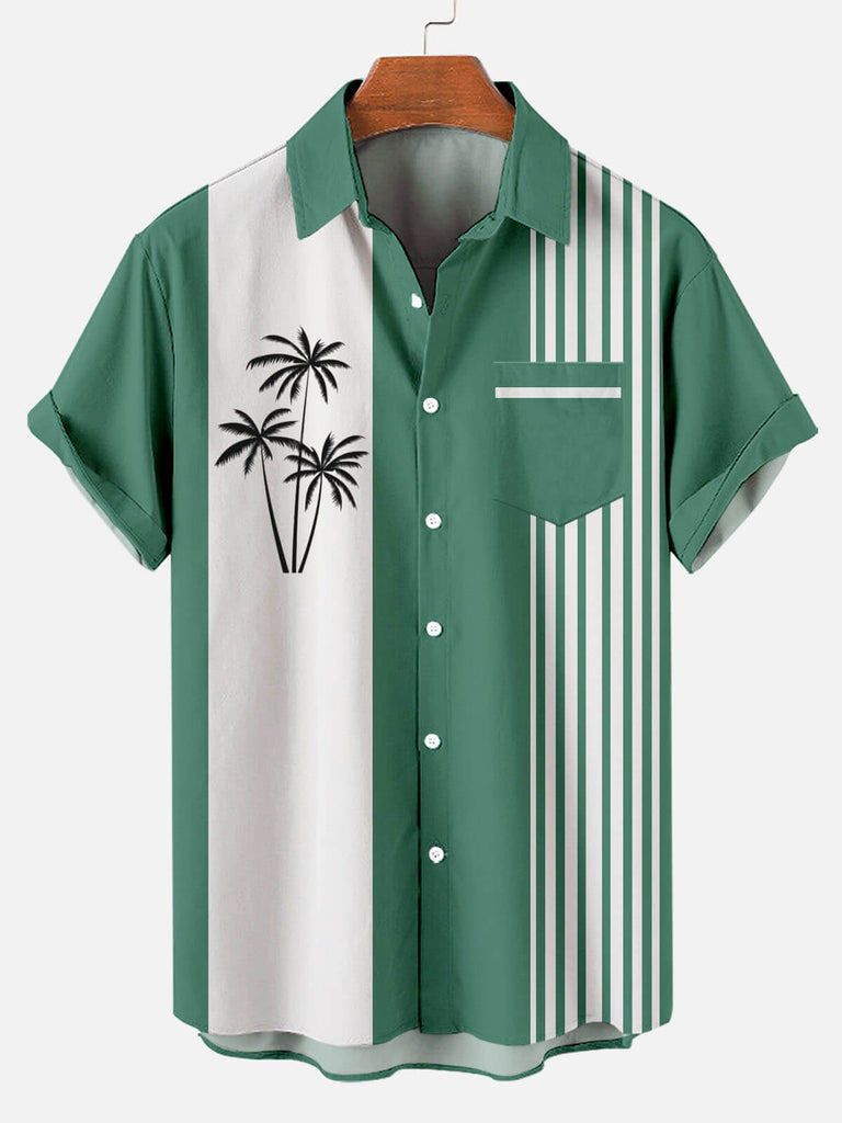 Men's Short Sleeve Lapel Shirt with Hawaiian Palm Pattern Stripe Green / M