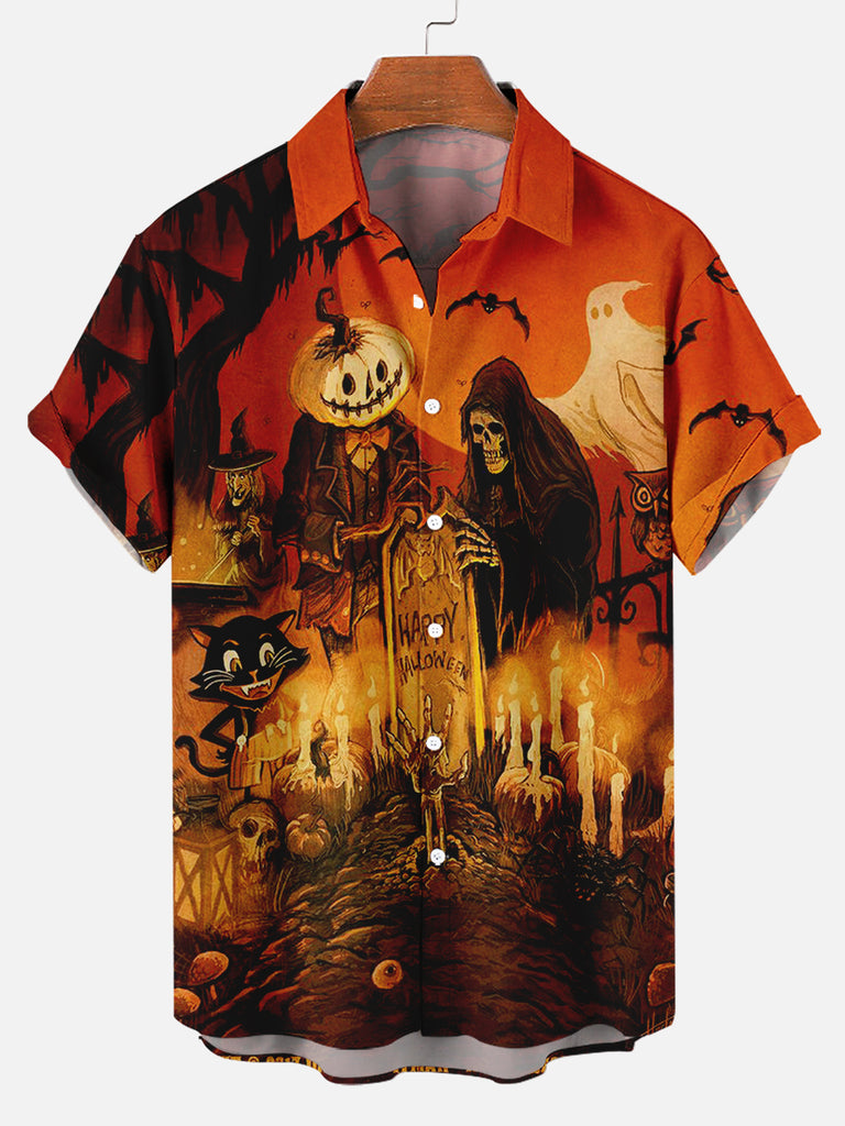 Halloween Cemetery Men's Short Sleeve Shirt Orange / M