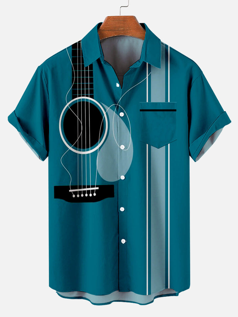 Guitar Stripe Men's Short Sleeve Shirt Blue / M