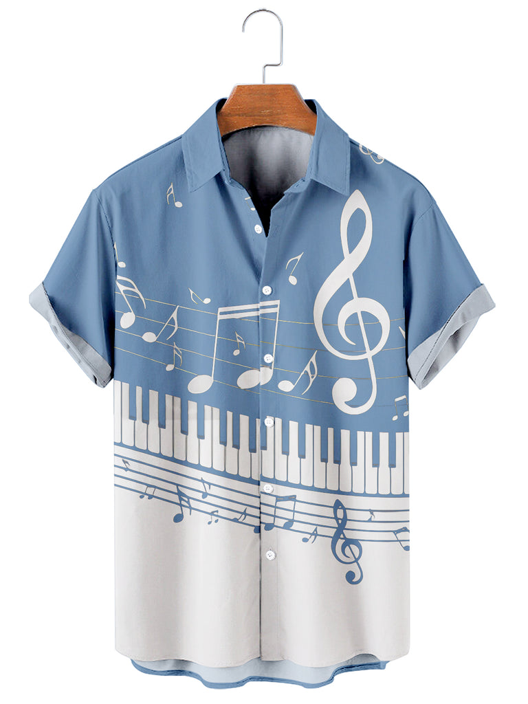 Men's Music Collection B&W Piano Breathable Soft Front Button Shirt Blue / M