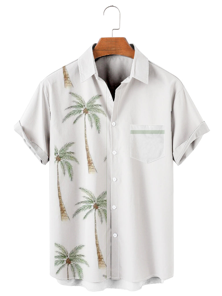 Men's Coconut Tree Colorblock Front Pocket Shirt White / M