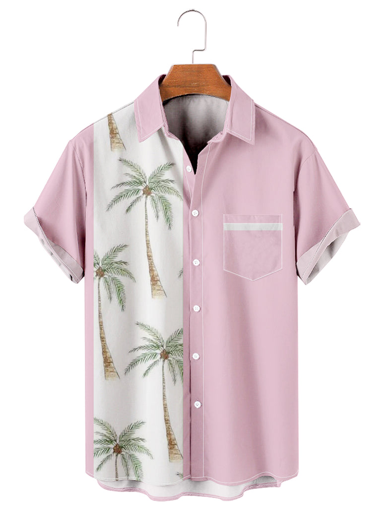 Men's Coconut Tree Colorblock Front Pocket Shirt Pink / M