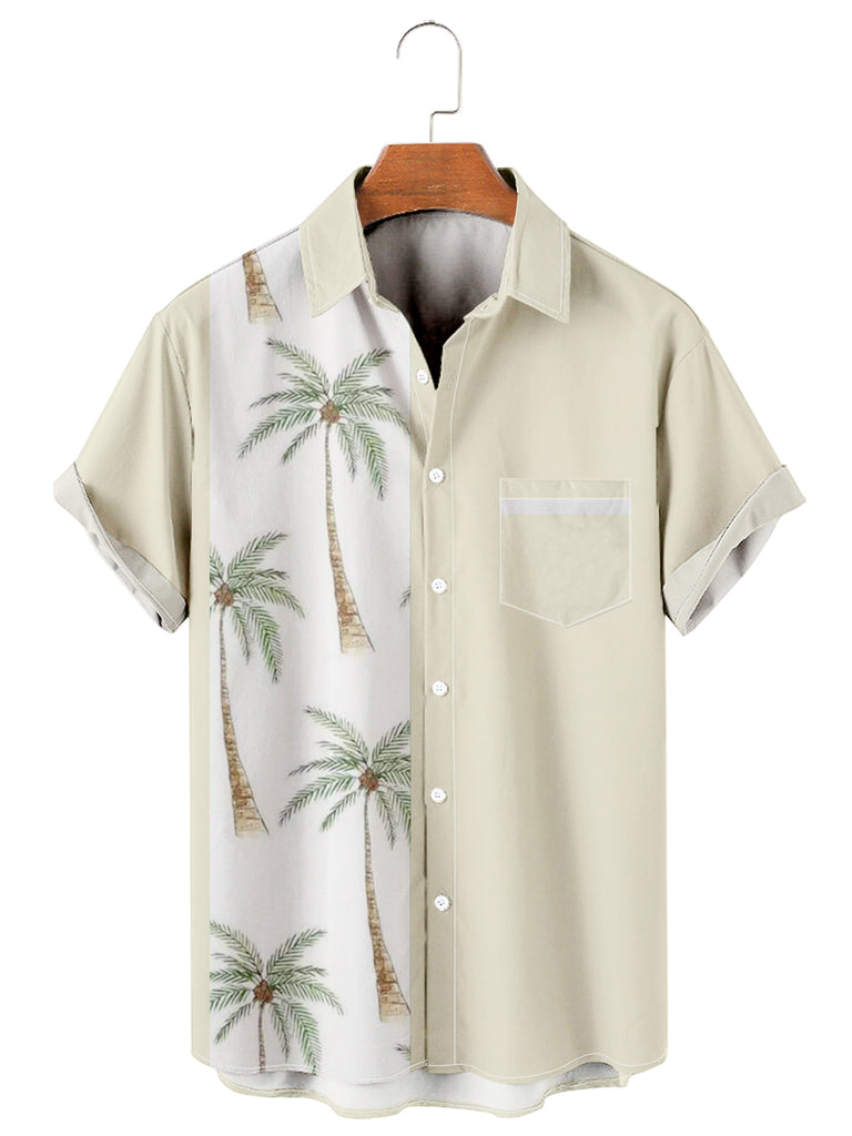 Men's Coconut Tree Colorblock Front Pocket Shirt Beige / M