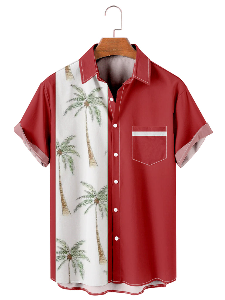 Men's Coconut Tree Colorblock Front Pocket Shirt Red / M