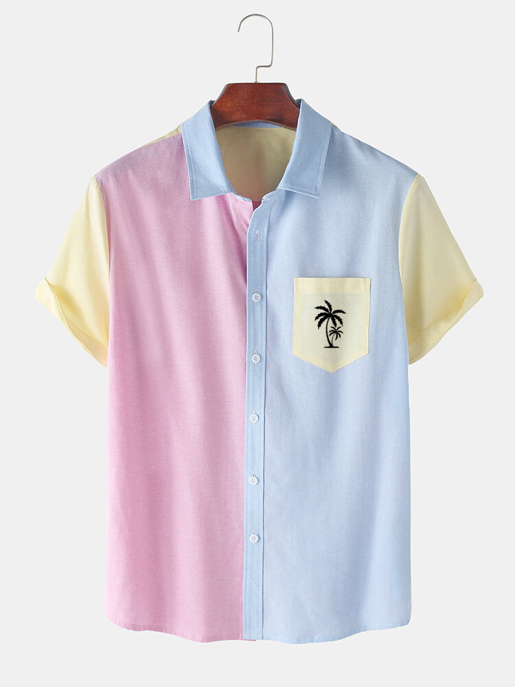 Men's Palm Tree Element Short Sleeve Shirt Pink Blue / M