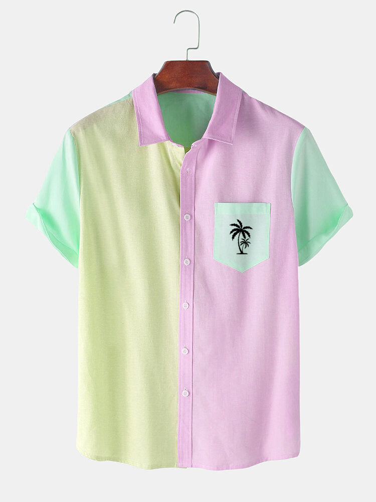 Men's Palm Tree Element Short Sleeve Shirt Yellow Pink / M