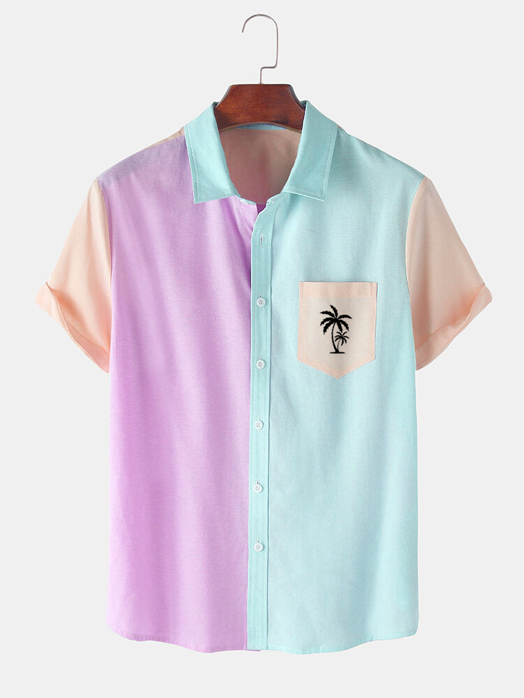 Men's Palm Tree Element Short Sleeve Shirt Purple Green / M