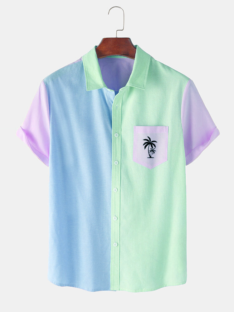 Men's Palm Tree Element Short Sleeve Shirt Blue Green / M