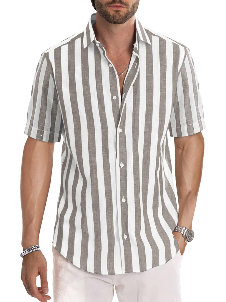 Men's Peach Blossom Striped Casual Short Sleeve Shirt Khaki / M