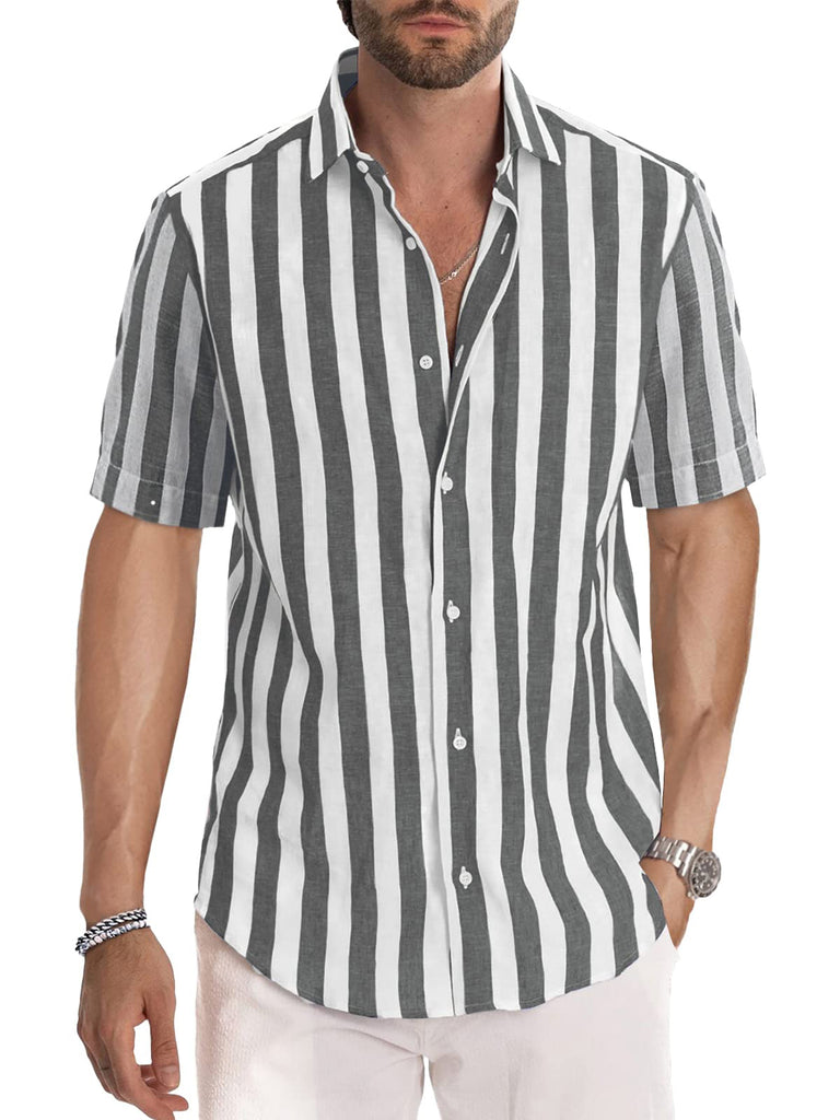 Men's Peach Blossom Striped Casual Short Sleeve Shirt Gray / M
