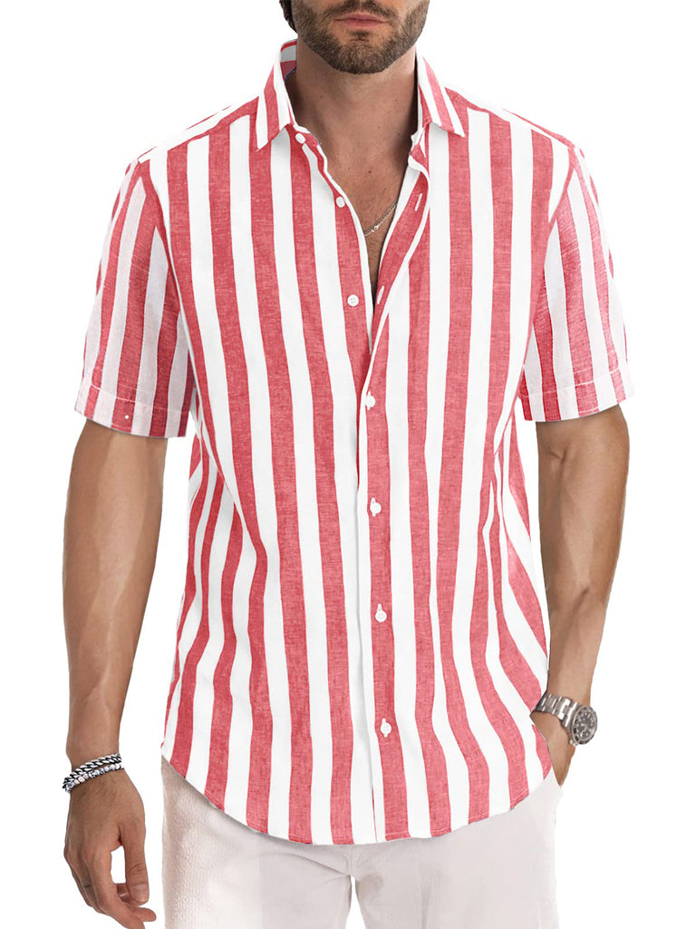 Men's Peach Blossom Striped Casual Short Sleeve Shirt Red / M