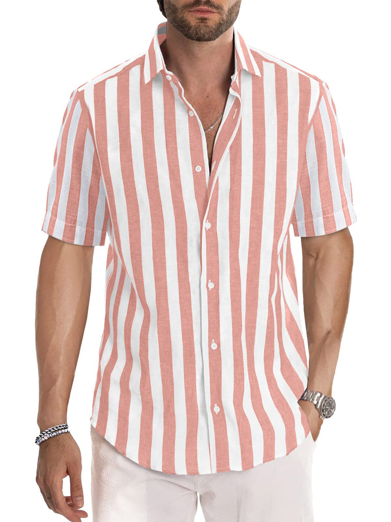 Men's Peach Blossom Striped Casual Short Sleeve Shirt Coral / M