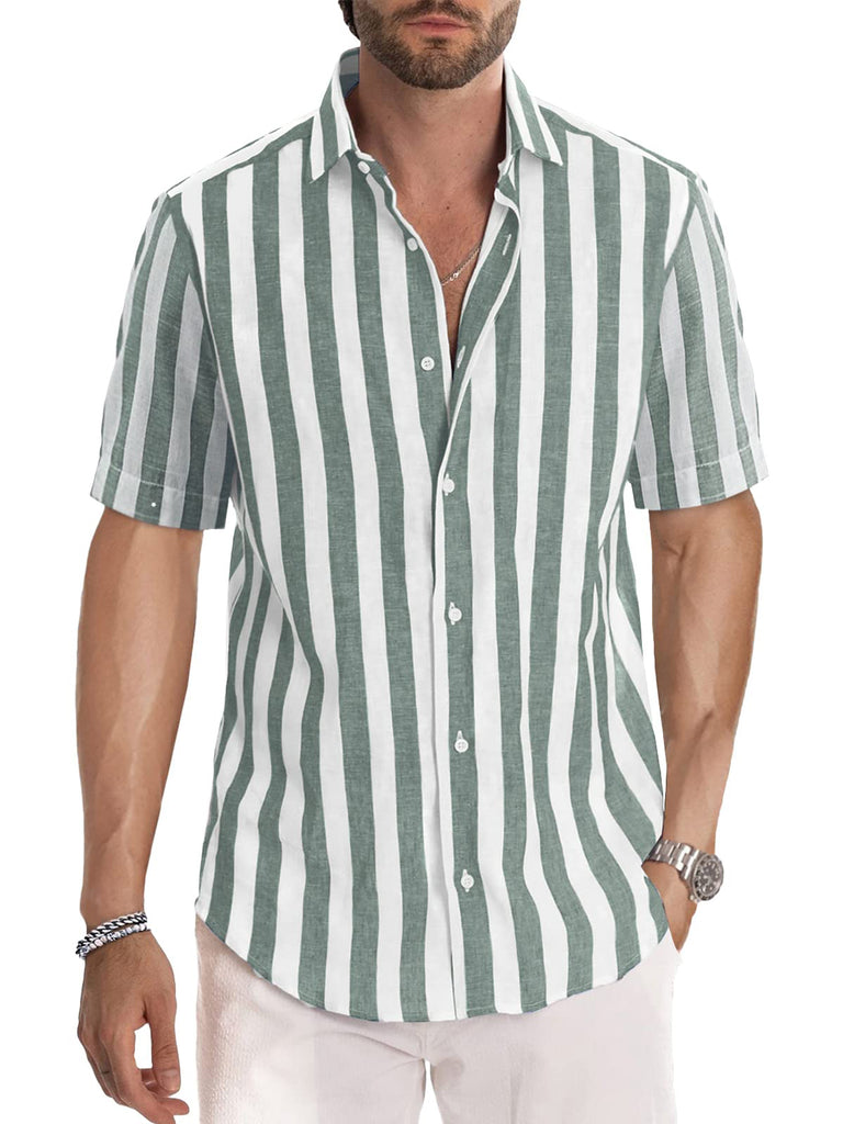 Men's Peach Blossom Striped Casual Short Sleeve Shirt Light Green / M