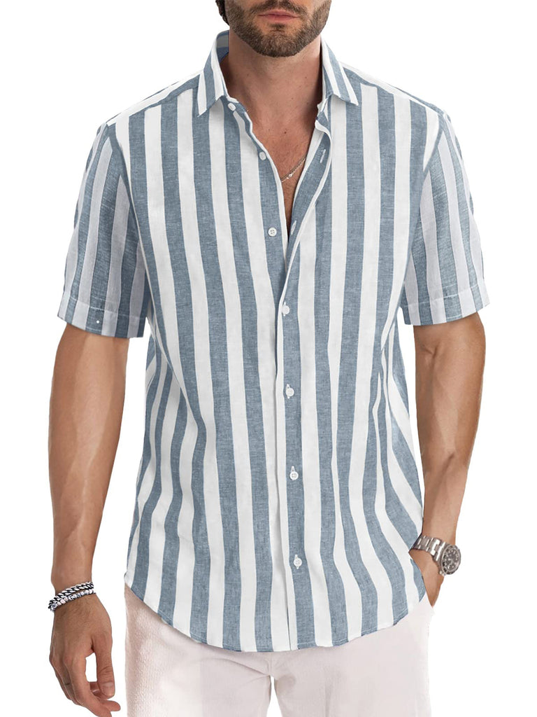 Men's Peach Blossom Striped Casual Short Sleeve Shirt Light Blue / M