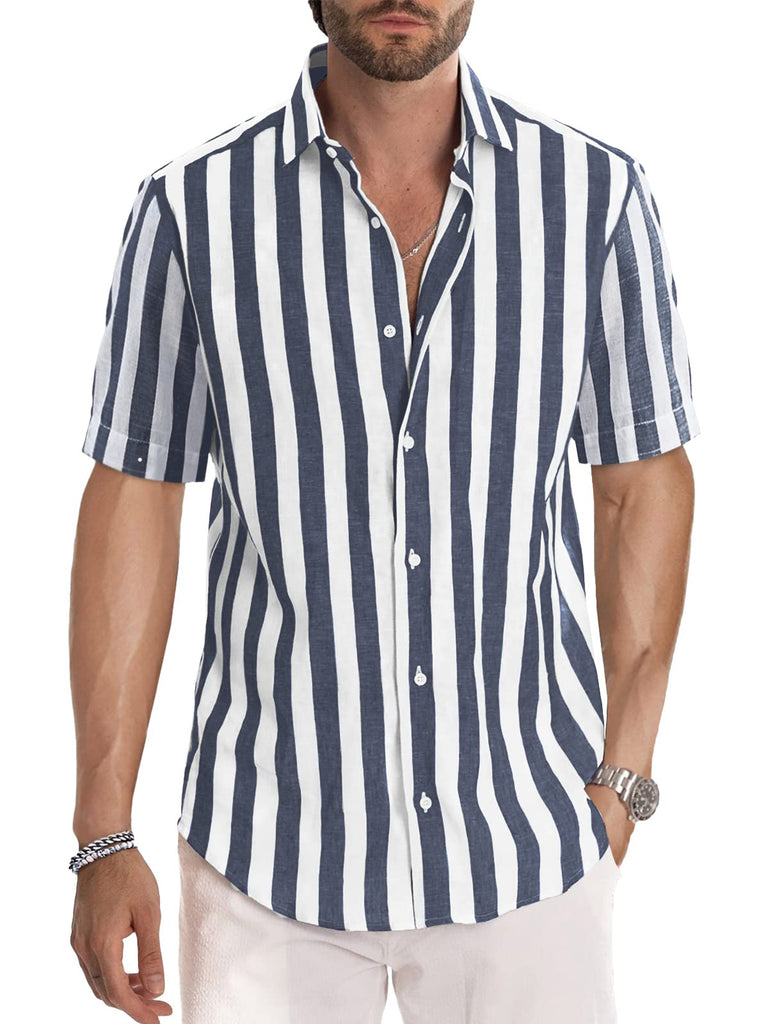 Men's Peach Blossom Striped Casual Short Sleeve Shirt Navy / M