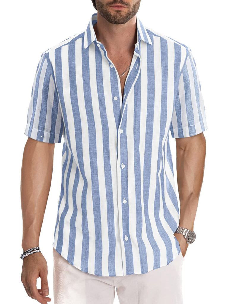Men's Peach Blossom Striped Casual Short Sleeve Shirt Blue / M
