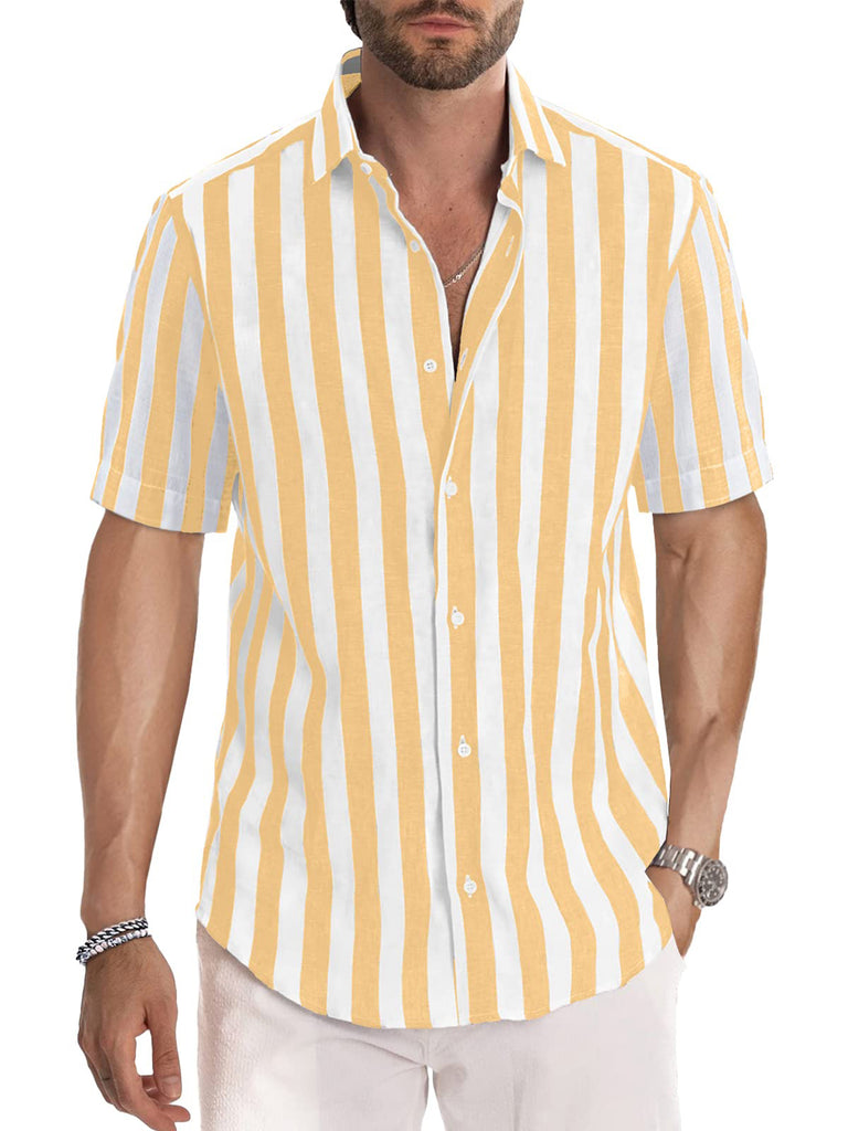 Men's Peach Blossom Striped Casual Short Sleeve Shirt Yellow / M