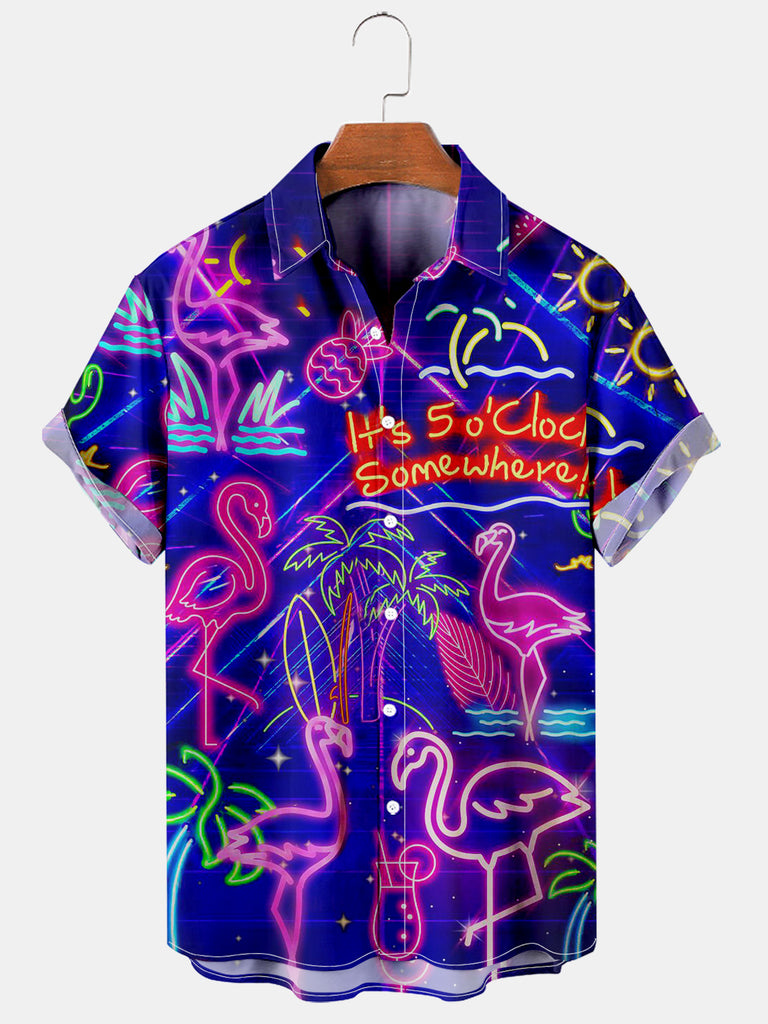 Hawaii Flamingos Casual Loose Men's Short-Sleeved Shirt Blue / M