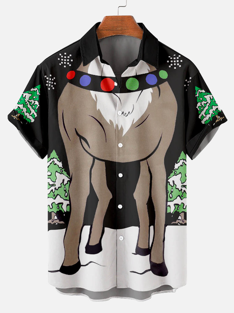 Christmas Elk Print Men's Short Sleeve Casual Shirt Black / M