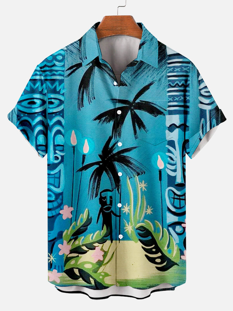 Men's TIKI Tribal Panel Hawaiian Print Short Sleeve Shirt Blue / M
