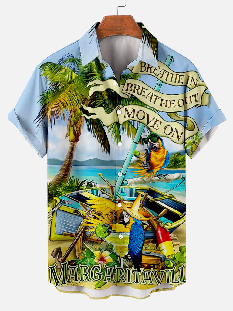 Parrot Wine Glass Hawaiian Beach Stitching Print Men's Short Sleeve Shirt Blue / M