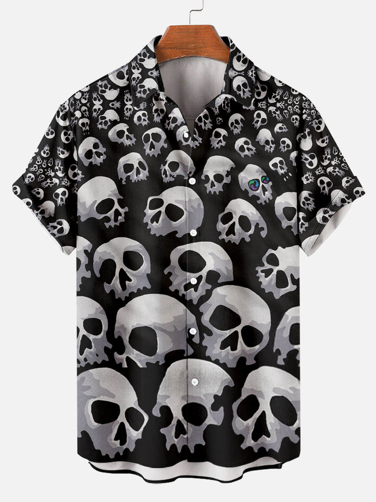 Skull Print Men's Lapel Short Sleeve Shirt Black / M