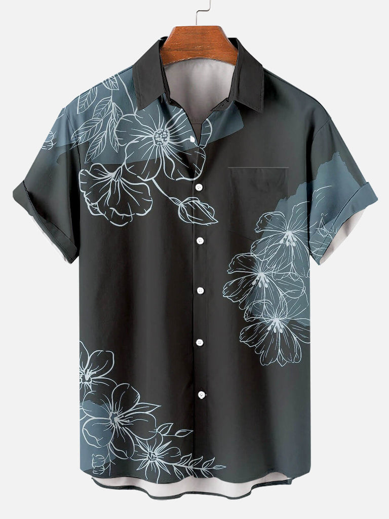 Floral Pattern Plain Color Stitching Lapel Men's Short-sleeved Shirt Black / M