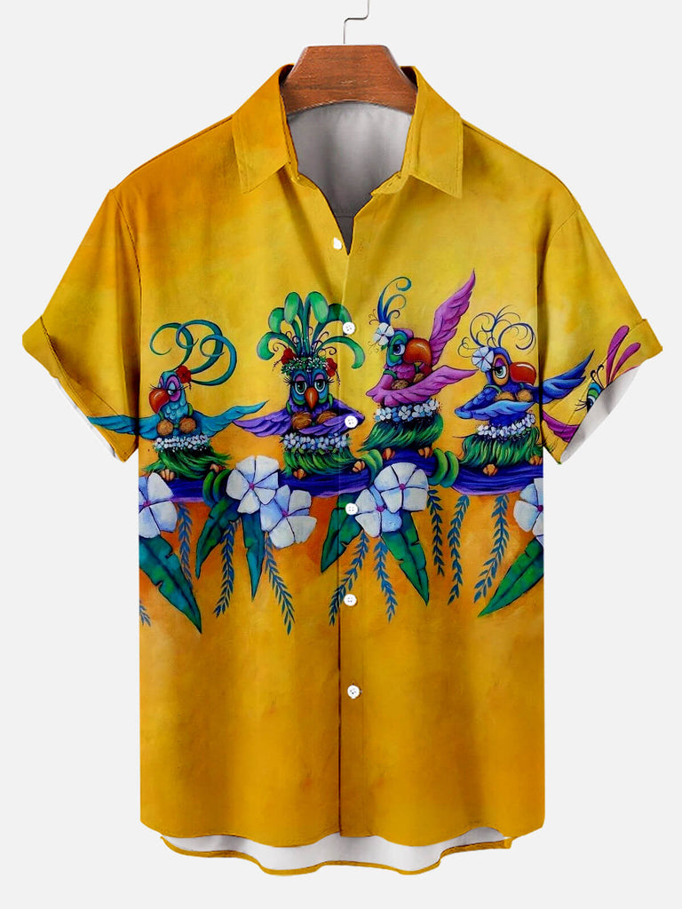Parrot Tribal Hawaiian Print Men's Short Sleeve Shirt Orange / M