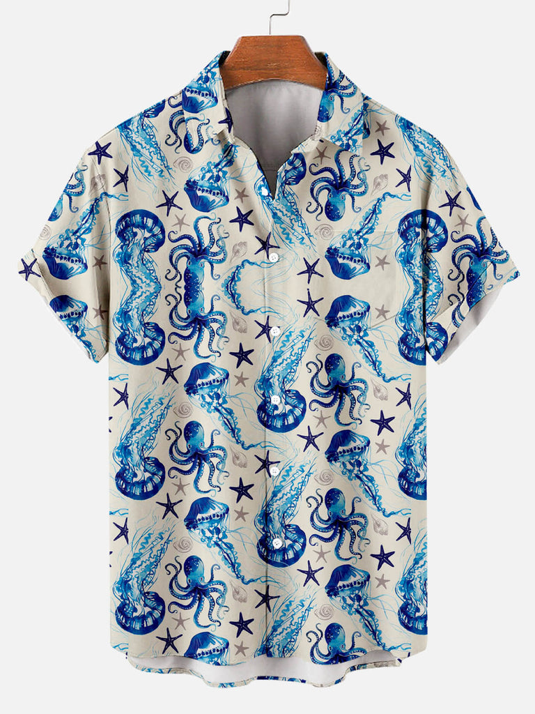 Jellyfish Floral Mosaic Print Lapel Men's Short-sleeved Shirt Blue / M
